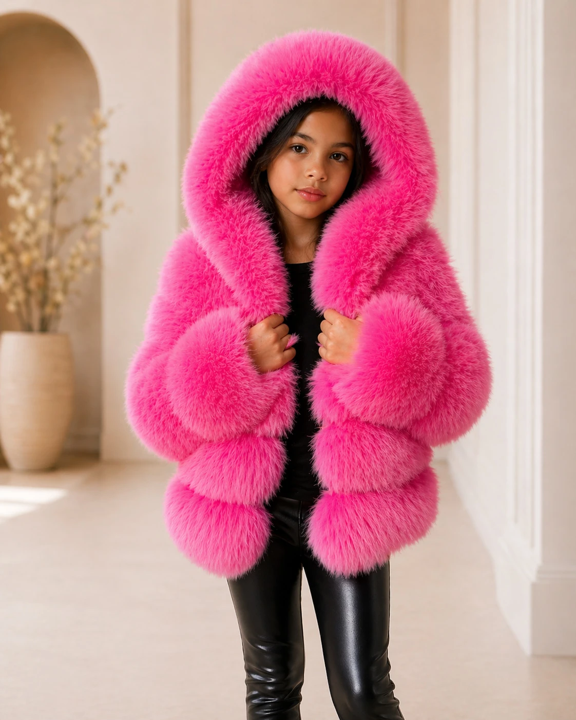 Sarahi hot pink faux fur coat with hood for girls Cool Kids Bklyn