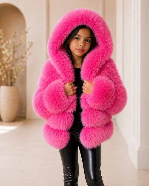 Sarahi hot pink faux fur coat with hood for girls Cool Kids Bklyn