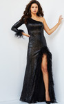 Jovani 22895 One Sleeve Embellished Sequin Feather Dress