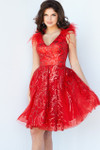 Jovani 09466 Feather Shoulder V-neck Embellished Short Dress