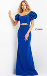 Jovani 08526 Puff Sleeve Fitted Midriff Cutout Evening Dress