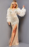 Jovani 22848 V-neck Feather Sleeves Beaded Prom Long Gown