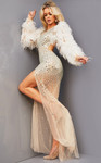 Jovani 22848 V-neck Feather Sleeves Beaded Prom Long Gown