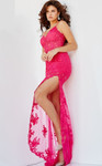 Jovani 07362 Embroidered Low V-Neck Lace High Slit Gown