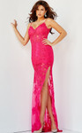 Jovani 07362 Embroidered Low V-Neck Lace High Slit Gown