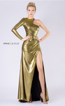 MNM Couture L0049A Metallic One Sleeve Crew Neck Long Dress