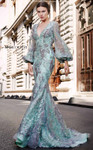 MNM Couture N0309 Lace Plunging Neck Long Puff Sleeves Dress
