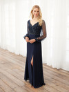 House of Wu 40398 Beaded Mesh V-Neck Long Sleeve Long Dress