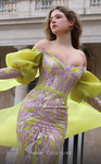 MNM Couture K4076 Organza V-Neck Puff Sleeves Long Dress