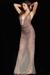 Jovani 26268 Tulle Embellished Plunging Cowl Neck Long Dress