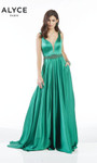 Alyce Paris 1422 Plunging Neck Beaded Luminous Satin Dress