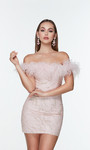 Alyce Paris 4500 Glitter Feathers Off Shoulder Short Dress