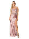 Dancing Queen 4438 Satin Sequin Lace Bodice Side Slit Gown