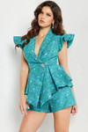 Jovani 24623 Brocade V-neck Cap Sleeve Pleated Top Romper