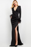 Jovani 04501 Scuba Feather Cuffs Long Sleeves V-Neck Gown