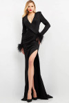 Jovani 04501 Scuba Feather Cuffs Long Sleeves V-Neck Gown