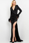Jovani 04501 Scuba Feather Cuffs Long Sleeves V-Neck Gown