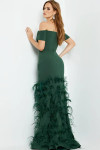 Jovani 08384 Crepe Off Shoulder Feather Skirt Fitted Gown