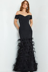 Jovani 08384 Crepe Off Shoulder Feather Skirt Fitted Gown