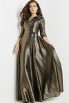 Jovani 08388 Metallic Jacquard Long Sleeves A-Line Gown