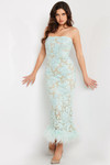 Jovani 24256 Lace Feather Hem Straight Neck Strapless Dress