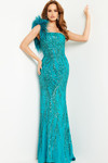 Jovani 25690 Beaded Stretch Mesh Feathers One Shoulder Dress