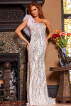 Jovani 25690 Beaded Stretch Mesh Feathers One Shoulder Dress