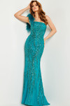 Jovani 25690 Beaded Stretch Mesh Feathers One Shoulder Dress