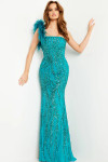Jovani 25690 Beaded Stretch Mesh Feathers One Shoulder Dress