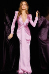 Jovani 23180 Satin Low V Neck Long Sleeves Sheath Dress