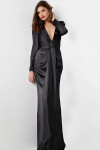 Jovani 23180 Satin Low V Neck Long Sleeves Sheath Dress