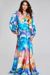 Jovani 37669 Floral Print Puff Long Sleeve V-Neck Long Dress