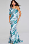 Jovani 39077 Jersey Sequin One-Shoulder Short Sleeve Gown