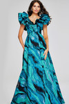 Jovani 40696 Ruffled V-Neckline Multi-Print Pleated Gown