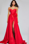 Jovani 40826 Satin Floral Accent Strapless High Slit Gown