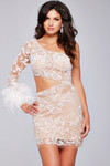 Jovani 23527 Sheer Beaded One Shoulder Feathers Short Dress