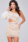 Jovani 23527 Sheer Beaded One Shoulder Feathers Short Dress