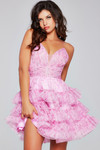 Jovani 36844 Sheer Ruffles V-Neckline Floral Short Dress