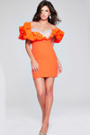Jovani 39985 Satin Beaded Ruffle Sleeve Sheath Short Dress