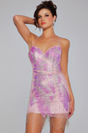 Jovani 40377 Sheer Fringe Embellished V-Neck Short Dress