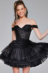 Jovani 40612 Tulle Beaded V-Neck Off Shoulder Short Dress