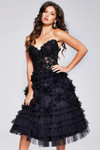 Jovani 40854 Sheer Tulle Beaded Strapless Tea Length Dress