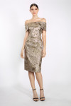 Janique 3044 Metallic Off Shoulder Sheath Knee Length Dress