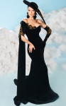 MNM Couture 2606 Velvet Cape Sleeve Asymmetric Neck Gown