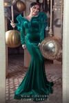 MNM Couture 2716 Velvet Long Sleeves Ruffles Fitted Gown