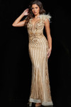 Jovani 26224 Beaded Feather Shoulder Sleeveless Long Dress