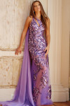 Jovani 08586 Asymmetric Sequin Long Cape Sleeveless Gown