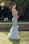 Terani Couture 232GL1478 Feathered Hem Off-Shoulder Dress