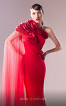 MNM Couture G1628 Crepe Tulle Sleeve One Shoulder Long Dress