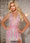 Jovani D5714 Beaded Sequins Halter V-Neck Fringe Long Gown